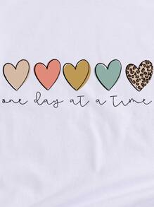 INAWLY Heart And Slogan Graphic Tee One Day At A Time Graphic Tees Women Tops - White - View 4