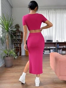 SHEIN Essnce Bộ đồ hai mảnh nữ Gân đan Tách cao màu trơn Giải trí - Màu Hồng Tươi - Xem 2