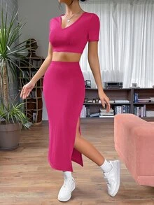 SHEIN Essnce Bộ đồ hai mảnh nữ Gân đan Tách cao màu trơn Giải trí - Màu Hồng Tươi - Xem 3