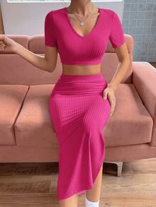 SHEIN Essnce Bộ đồ hai mảnh nữ Gân đan Tách cao màu trơn Giải trí - Màu Hồng Tươi - Xem 4