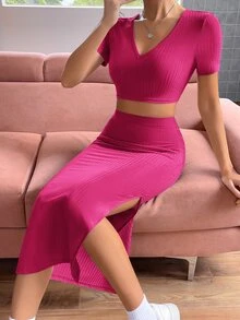 SHEIN Essnce Bộ đồ hai mảnh nữ Gân đan Tách cao màu trơn Giải trí - Màu Hồng Tươi - Xem 5