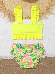 SHEIN Tween Girl 热带印花荷叶边比基尼套装 夏季海滩