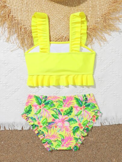 SHEIN Tween Girl 热带印花荷叶边比基尼套装 夏季海滩