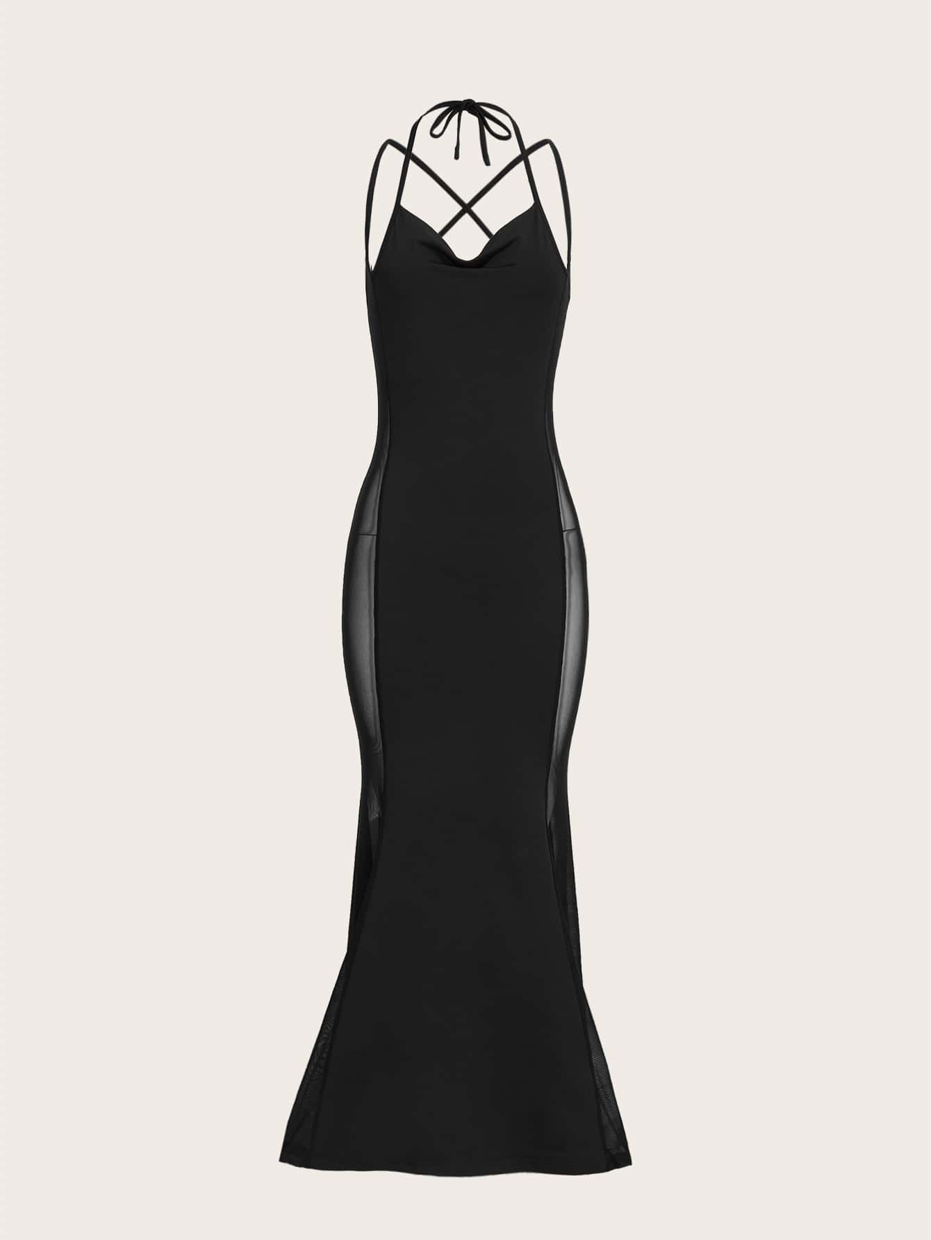SHEIN ICON 網紗拼接魚尾裙下擺吊帶洋裝不附腰帶 - 黑色 - 查看 1