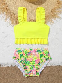 SHEIN Tween Girl 热带印花荷叶边比基尼套装 夏季海滩