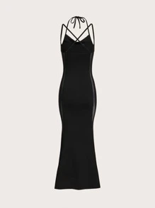 SHEIN ICON 網紗拼接魚尾裙下擺吊帶洋裝不附腰帶 - 黑色 - 查看 2