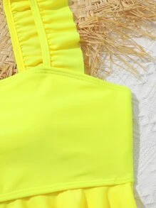 SHEIN Tween Girl 热带印花荷叶边比基尼套装 夏季海滩