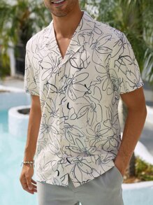 Manfinity RSRT 男士花卉印花翻領領口襯衫 - 米色 - 查看 1