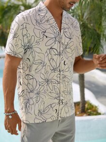 Manfinity RSRT 男士花卉印花翻領領口襯衫 - 米色 - 查看 7