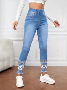 SHEIN LUNE Geo Embroidery Raw Hem Skinny Jeans - Medium Wash - View 3