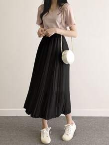 DAZY 纯色褶皱长裙 - 黑色 - 查看 4