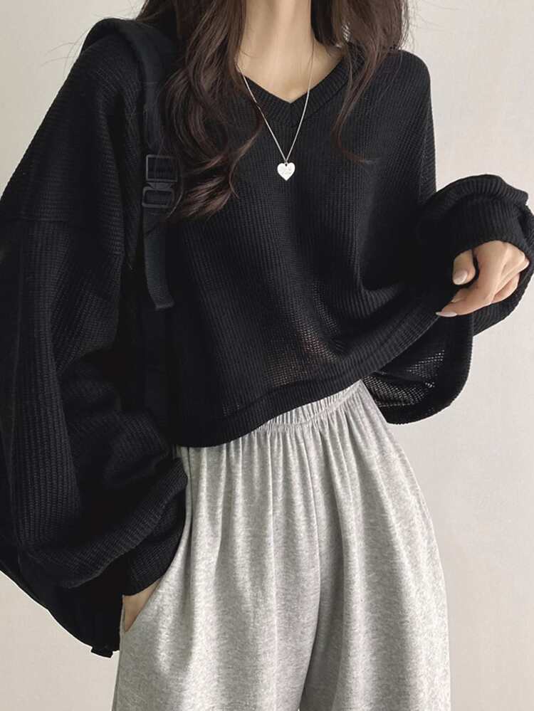 Solid Drop Shoulder Ribbed Knit Tee,Fall Clothes,Back To School Clothes Long Sleeve Women Tops