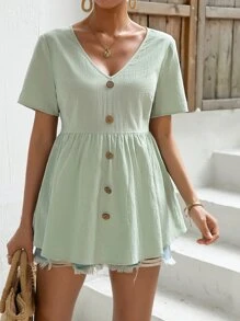 SHEIN Maternity Button Detail Peplum Blouse - Mint Green - View 1