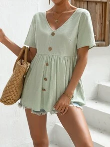 SHEIN Maternity Button Detail Peplum Blouse - Mint Green - View 4