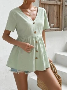 SHEIN Maternity Button Detail Peplum Blouse - Mint Green - View 6