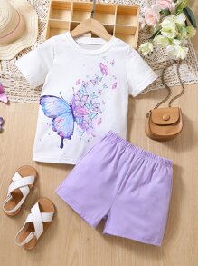 SHEIN Young Girl Butterfly Shaped Street Style Sweet & Comfortable Regular Sleeve Round Neck Two Piece Set For Summer, School, Campus, College