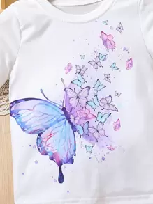 SHEIN Young Girl Butterfly Shaped Street Style Sweet & Comfortable Regular Sleeve Round Neck Two Piece Set For Summer, School, Campus, College