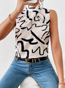 SHEIN Privé Graphic Print Keyhole Back Sleeveless Blouse - Black and White - View 4