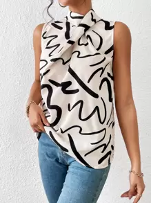 SHEIN Privé Graphic Print Keyhole Back Sleeveless Blouse - Black and White - View 1