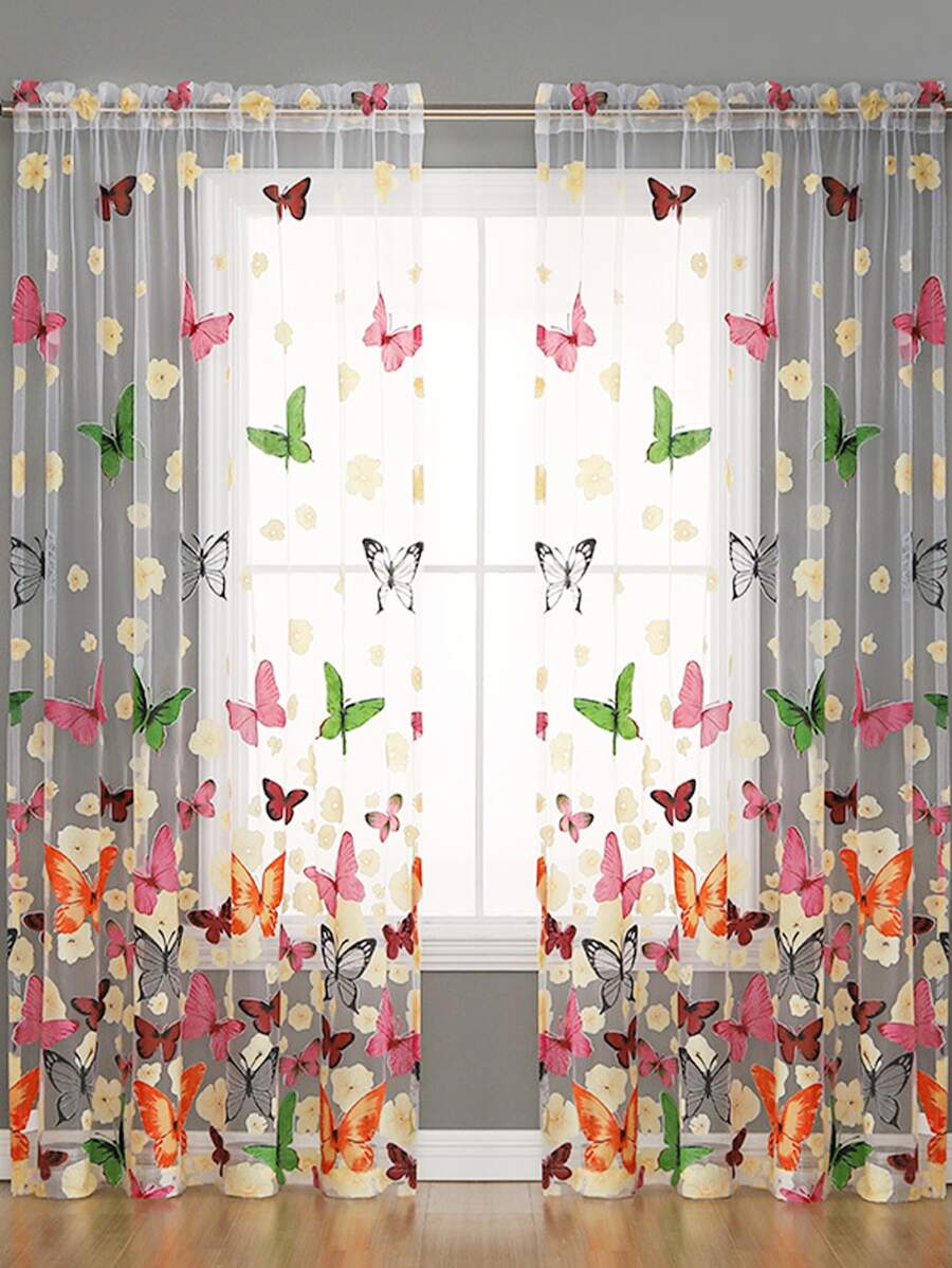 1pc Butterfly Pattern Sheer Curtain, Modern Polyester Single Panel Sheer Curtain For Home - Multicolor - View 1