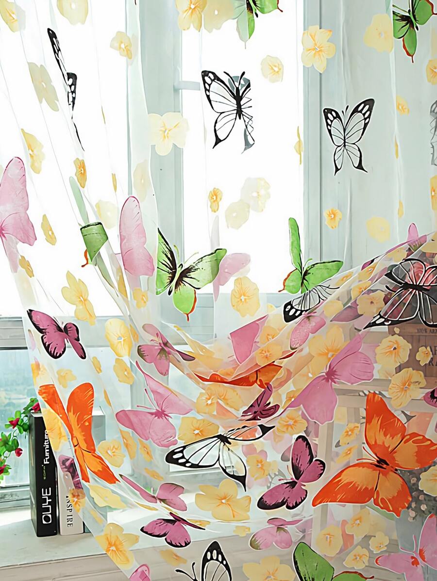 1入组蝴蝶圖案透明窗簾現代滌綸單片家用透明窗簾 - 彩色 - 查看 1
