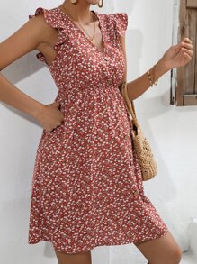 SHEIN Maternity Ditsy Floral Print Ruffle Trim Dress - Rust Brown - View 3