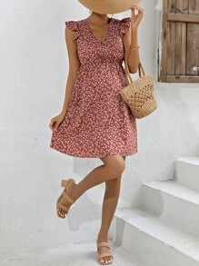 SHEIN Maternity Ditsy Floral Print Ruffle Trim Dress - Rust Brown - View 4