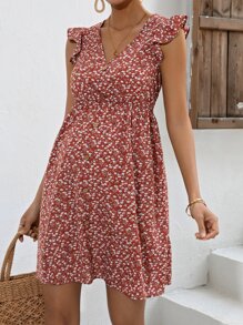 SHEIN Maternity Ditsy Floral Print Ruffle Trim Dress - Rust Brown - View 5