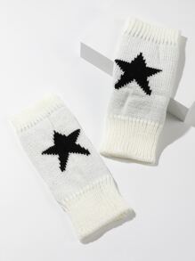 雙通用黑白五角星圖案針織露指手套（適合秋季、冬季、戶外、工作） - 黑與白 - 查看 3