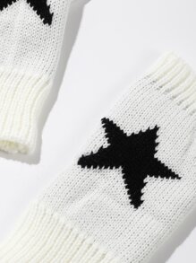 雙通用黑白五角星圖案針織露指手套（適合秋季、冬季、戶外、工作） - 黑與白 - 查看 4