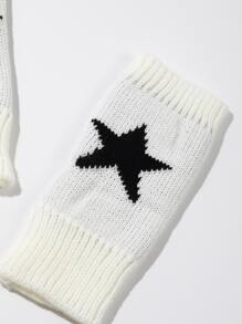 雙通用黑白五角星圖案針織露指手套（適合秋季、冬季、戶外、工作） - 黑與白 - 查看 5