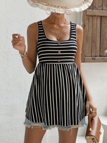 SHEIN 孕婦條紋印花紐扣細節荷葉邊下擺背心 - 黑與白 - 查看 3