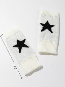 雙通用黑白五角星圖案針織露指手套（適合秋季、冬季、戶外、工作） - 黑與白 - 查看 6