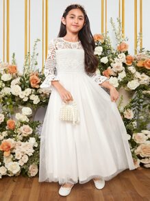 SHEIN 女孩1入組水溶蕾絲拼接荷葉袖網紗覆蓋派對禮服 - 白色 - 查看 3