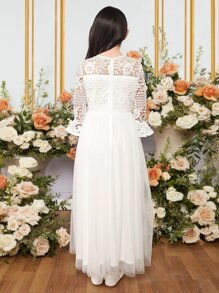 SHEIN 女孩1入組水溶蕾絲拼接荷葉袖網紗覆蓋派對禮服 - 白色 - 查看 2