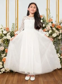 SHEIN 女孩1入組水溶蕾絲拼接荷葉袖網紗覆蓋派對禮服 - 白色 - 查看 1