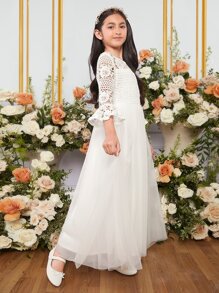 SHEIN 女孩1入組水溶蕾絲拼接荷葉袖網紗覆蓋派對禮服 - 白色 - 查看 4