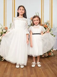 SHEIN 女孩1入組水溶蕾絲拼接荷葉袖網紗覆蓋派對禮服 - 白色 - 查看 5