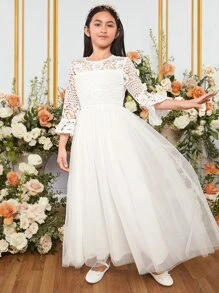 SHEIN 女孩1入組水溶蕾絲拼接荷葉袖網紗覆蓋派對禮服 - 白色 - 查看 6