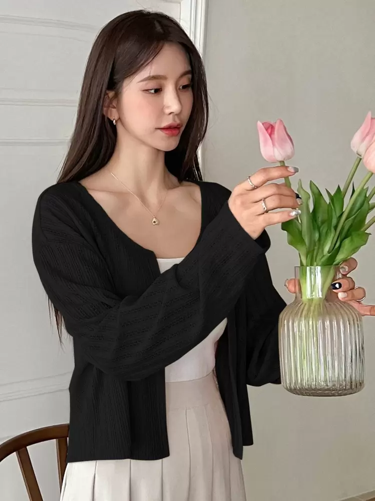 เสื้อแจ็คเก็ตแบบเปิดหน้าไหล่ตก ผ้าหนา, เสื้อผ้าฤดูใบไม้ร่วง - สีดำ - ดู 3