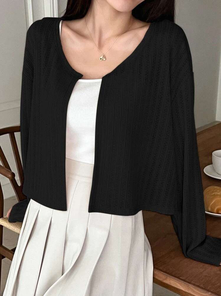 เสื้อแจ็คเก็ตแบบเปิดหน้าไหล่ตก ผ้าหนา, เสื้อผ้าฤดูใบไม้ร่วง - สีดำ - ดู 4