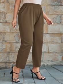 SHEIN Essnce Plus Solid Slant Pocket Trousers - Coffee Brown - View 3