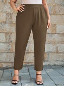 SHEIN Essnce Plus Solid Slant Pocket Trousers - Coffee Brown - View 4