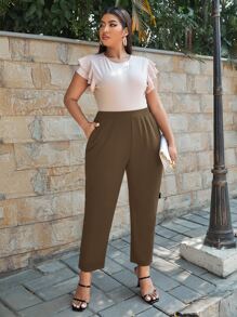 SHEIN Essnce Plus Solid Slant Pocket Trousers - Coffee Brown - View 5