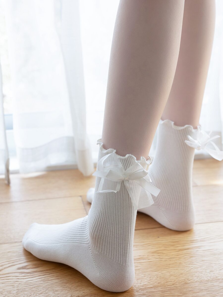 1/3/5 双女士薄款蝴蝶结装饰少女踝袜，春夏季 - 白色 - 查看 1