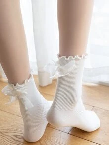 1/3/5 双女士薄款蝴蝶结装饰少女踝袜，春夏季 - 白色 - 查看 4