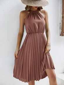 SHEIN Frenchy Đầm Xếp li màu trơn Thanh lịch - Bụi hồng - Xem 3