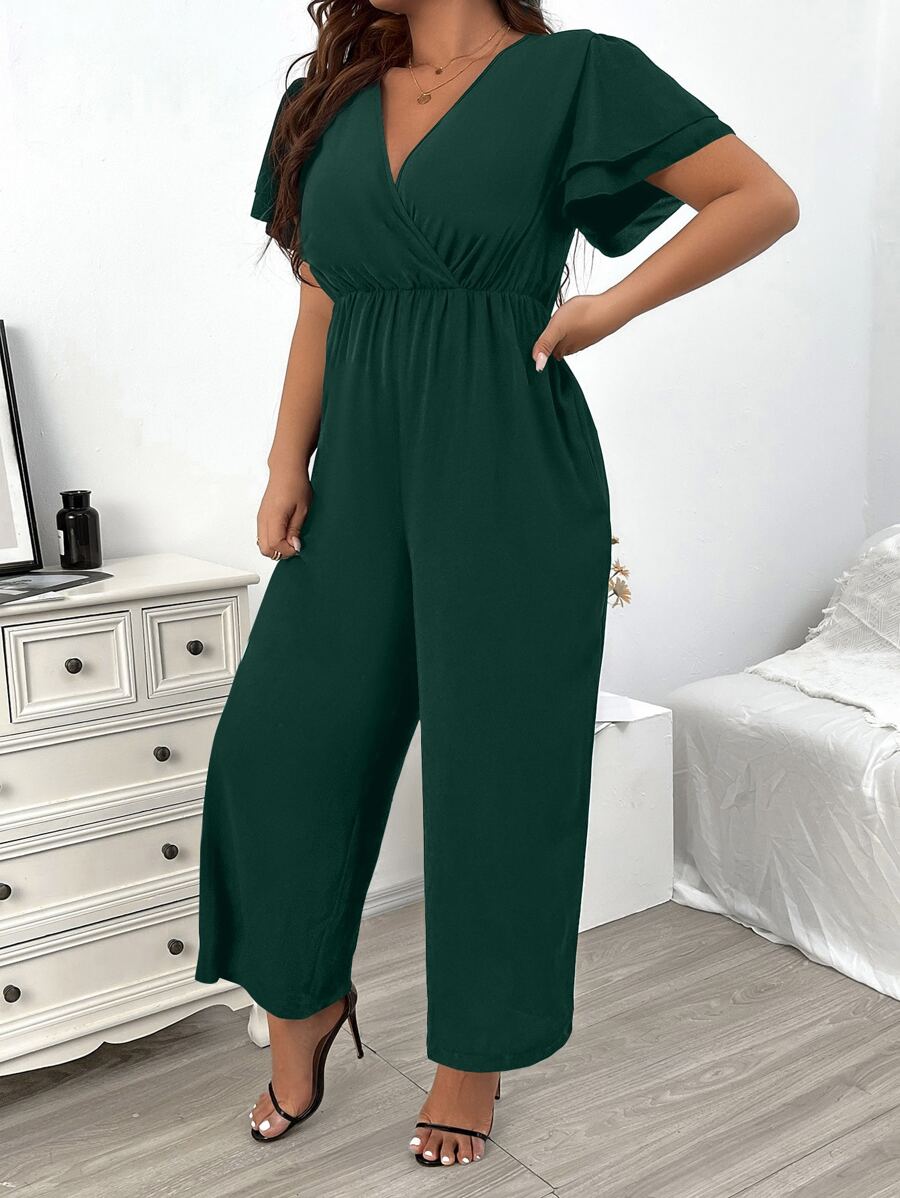 SHEIN Clasi Plus Solid Surplice Neck Butterfly Sleeve Wide Leg Jumpsuit - Dark Green - View 1