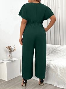 SHEIN Clasi Plus Solid Surplice Neck Butterfly Sleeve Wide Leg Jumpsuit - Dark Green - View 2