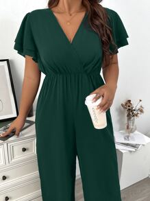 SHEIN Clasi Plus Solid Surplice Neck Butterfly Sleeve Wide Leg Jumpsuit - Dark Green - View 3